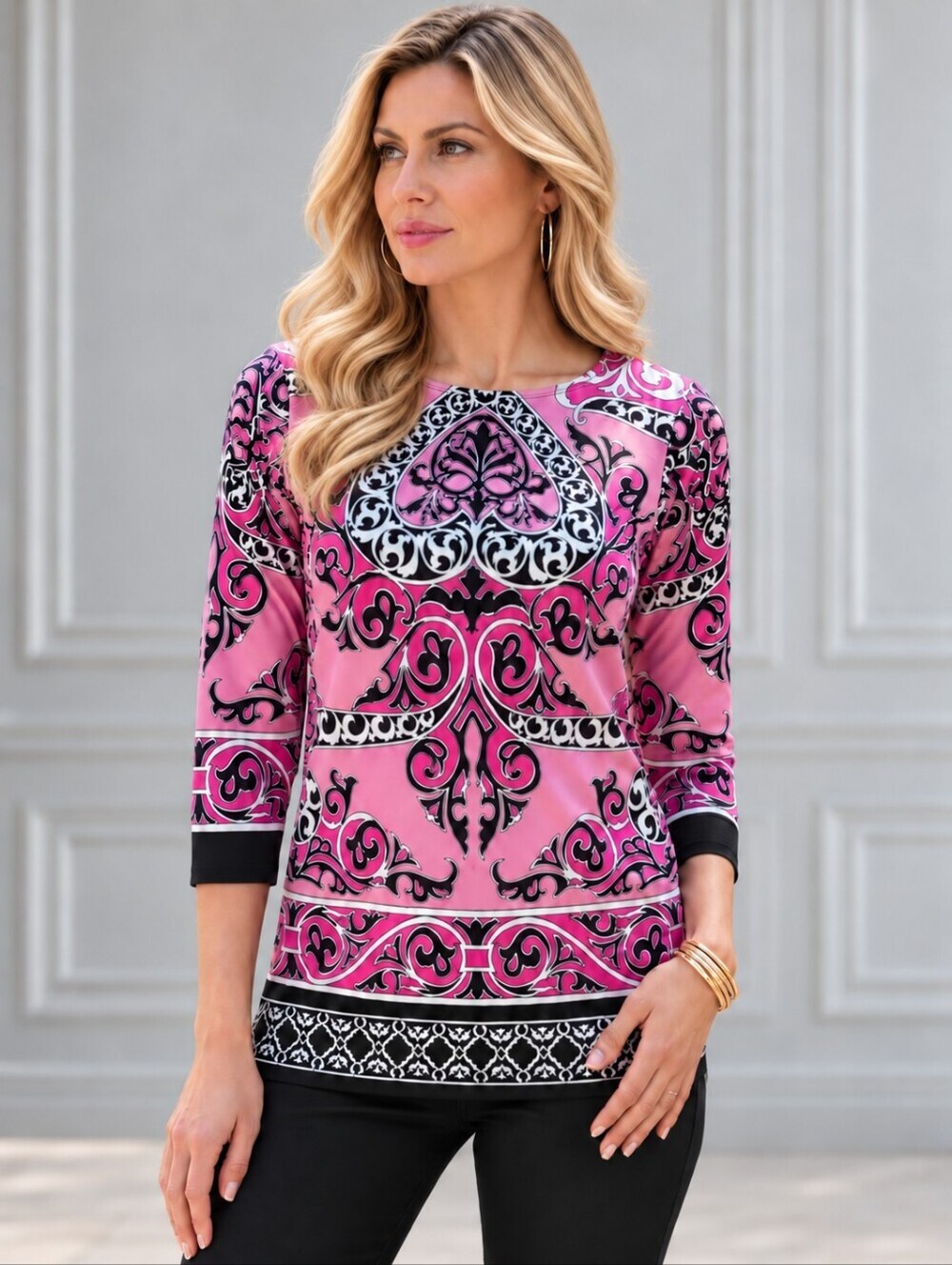 dressbarn Pink Black and White Printed 3/4 Sleeve Tunic Top